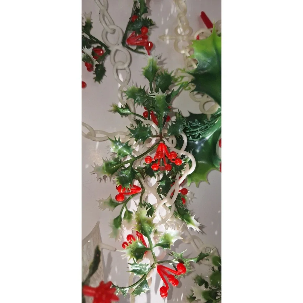 VTG MCM plastic Christmas garland houses holly snowman bell angel kitschy